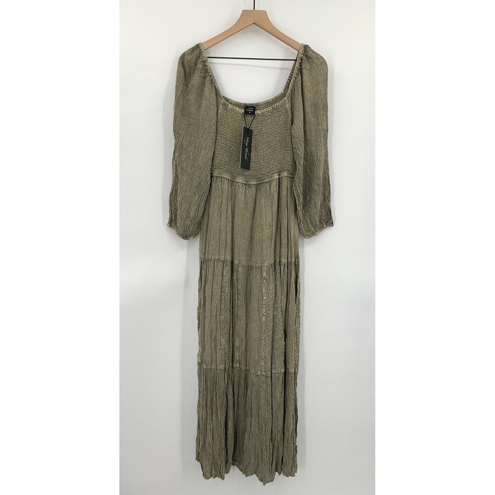 Young Threads Dress Womens Medium Green Gray Maxi Long‎ Smocked Boho NEW